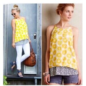 Anthropologie Lemon Print Layered Slit Back Cottagecore Boho Top Size Large bold